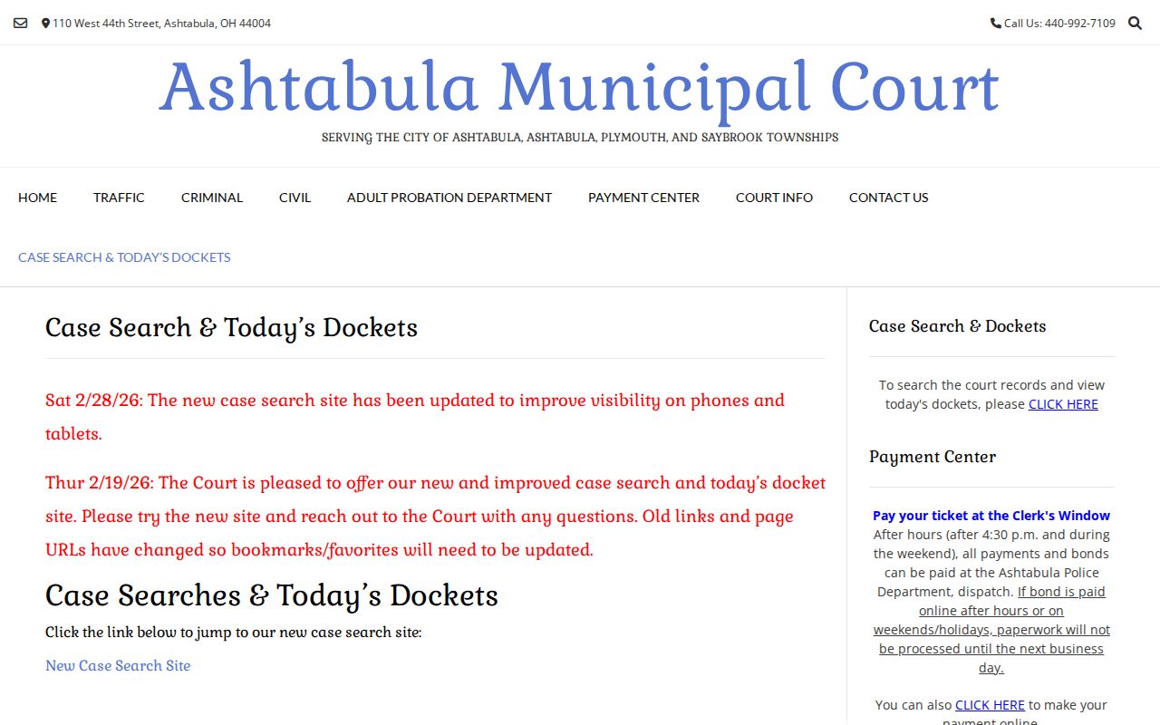Ashtabula County case search municipal court launch page