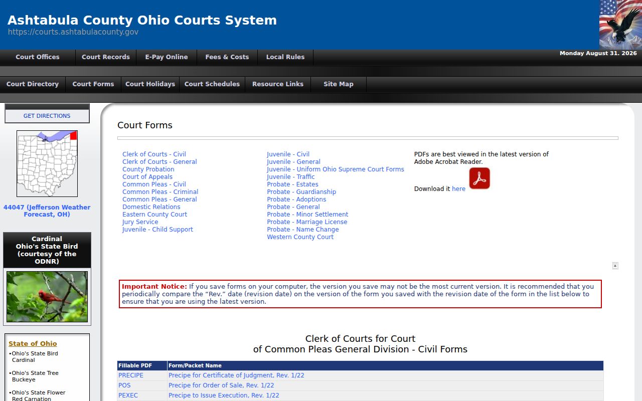Ashtabula County case search court forms index