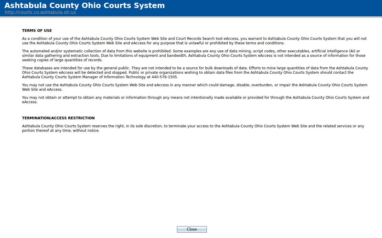 Ashtabula County case search terms notice