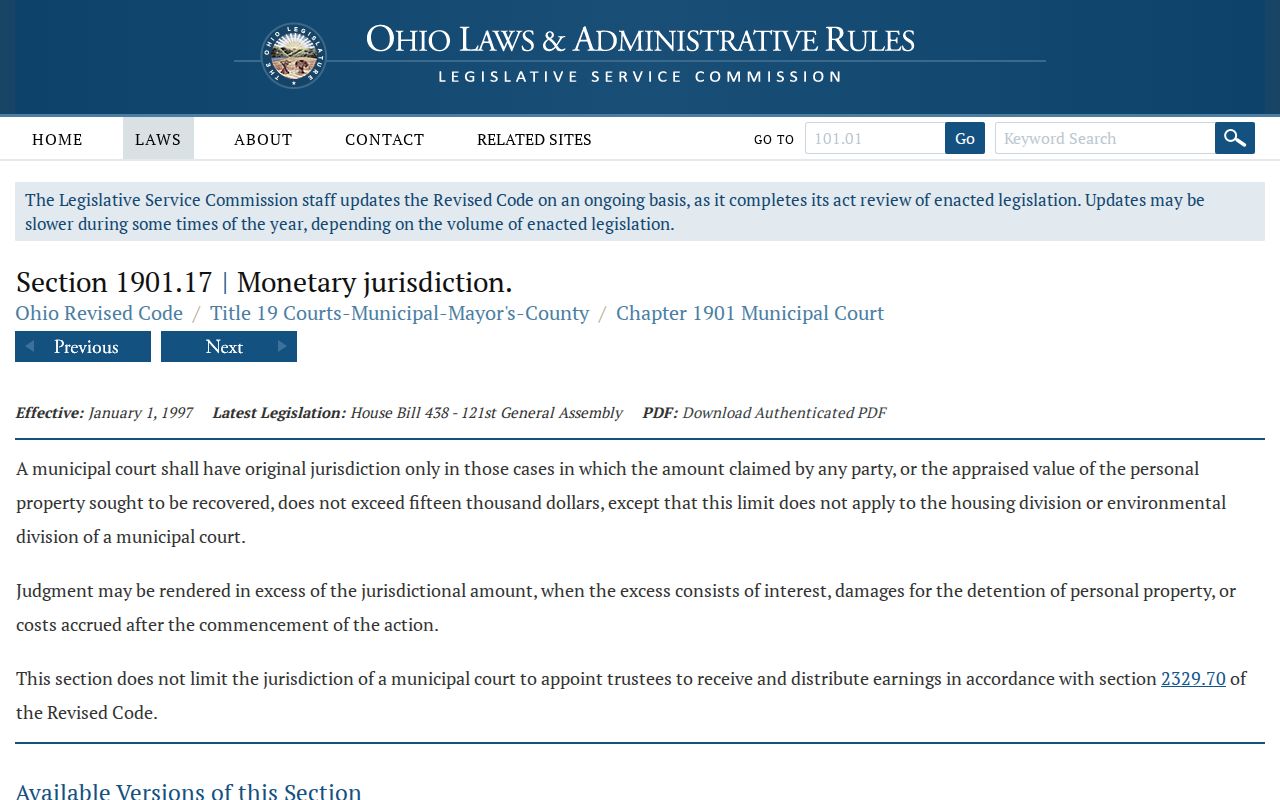 Ohio municipal court monetary jurisdiction statute for civil docket routing