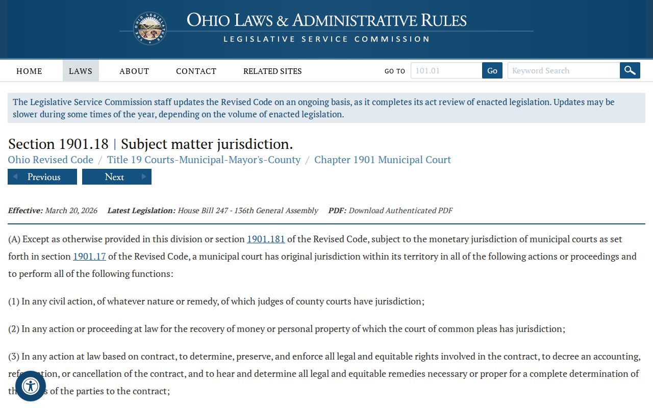 Ohio municipal court subject matter jurisdiction statute relevant to civil docket routing