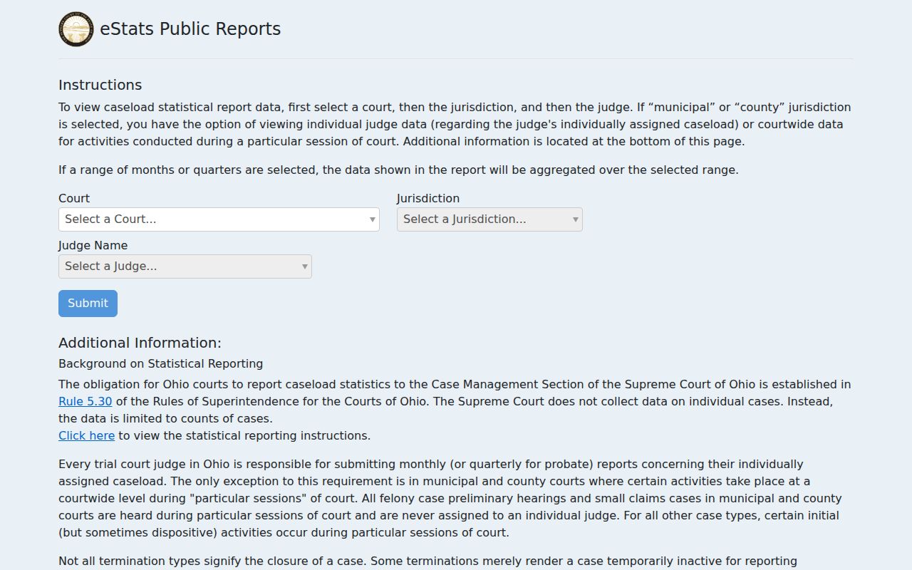 Ohio Supreme Court eStats public court caseload reporting source