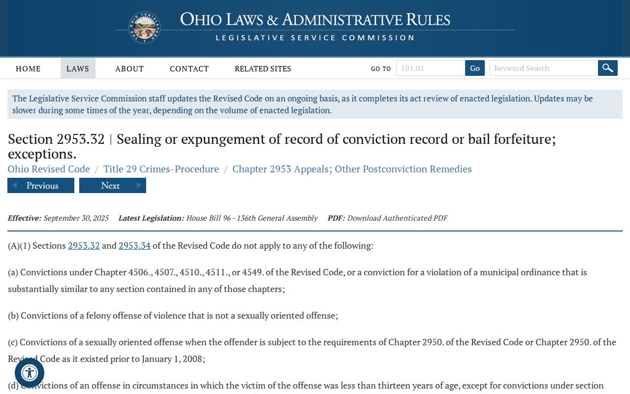 Ohio sealing and expungement statute source for restricted criminal docket access