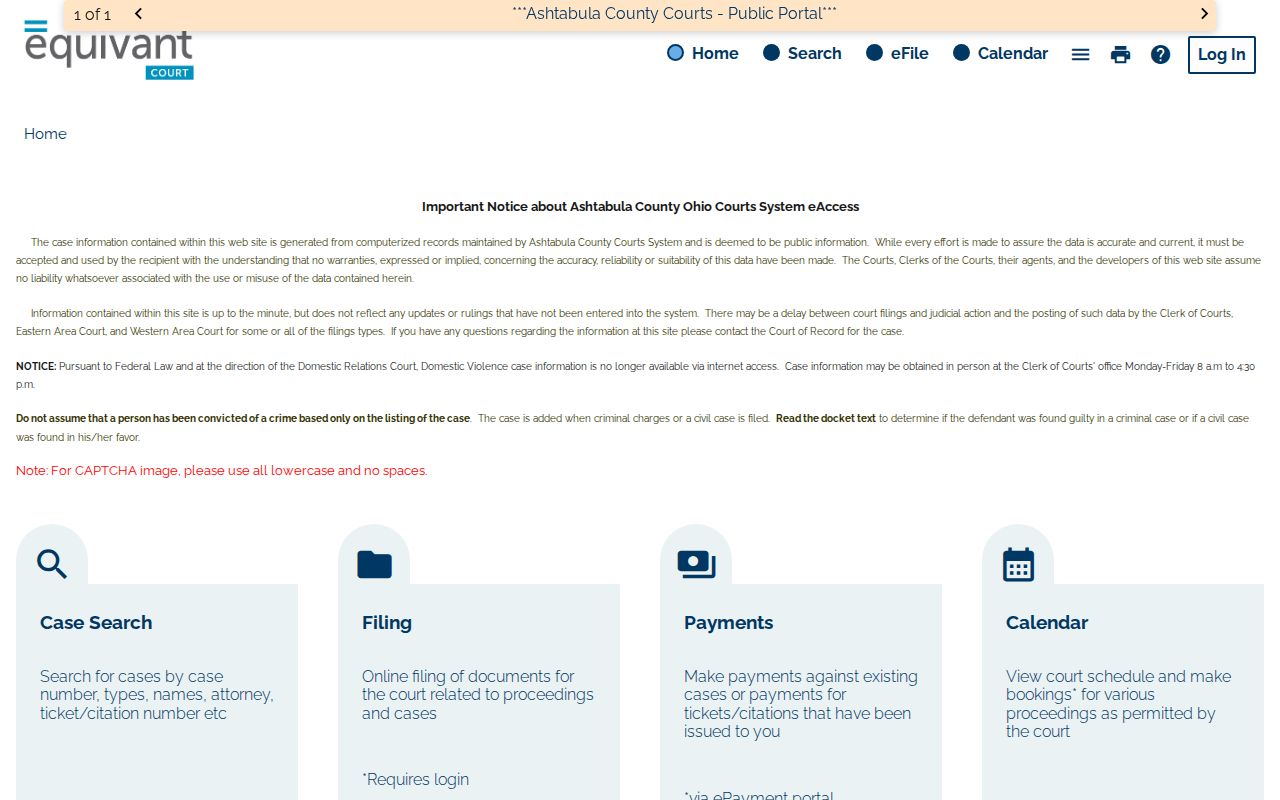 Ashtabula County court docket eServices public records portal