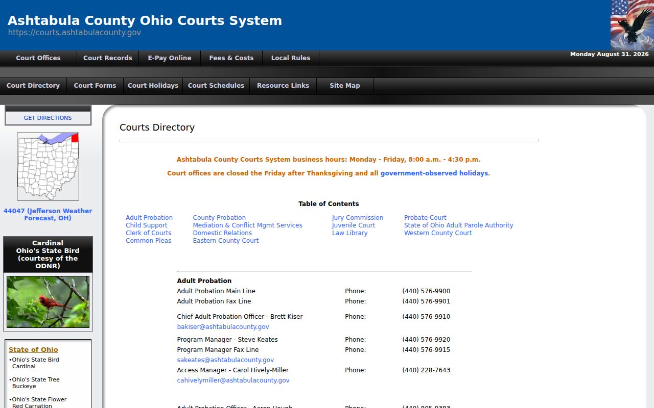 Ashtabula County court docket official court directory