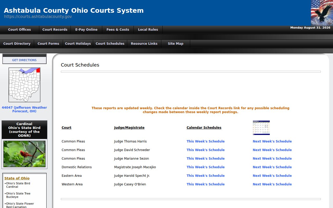 Ashtabula County court docket weekly court schedules