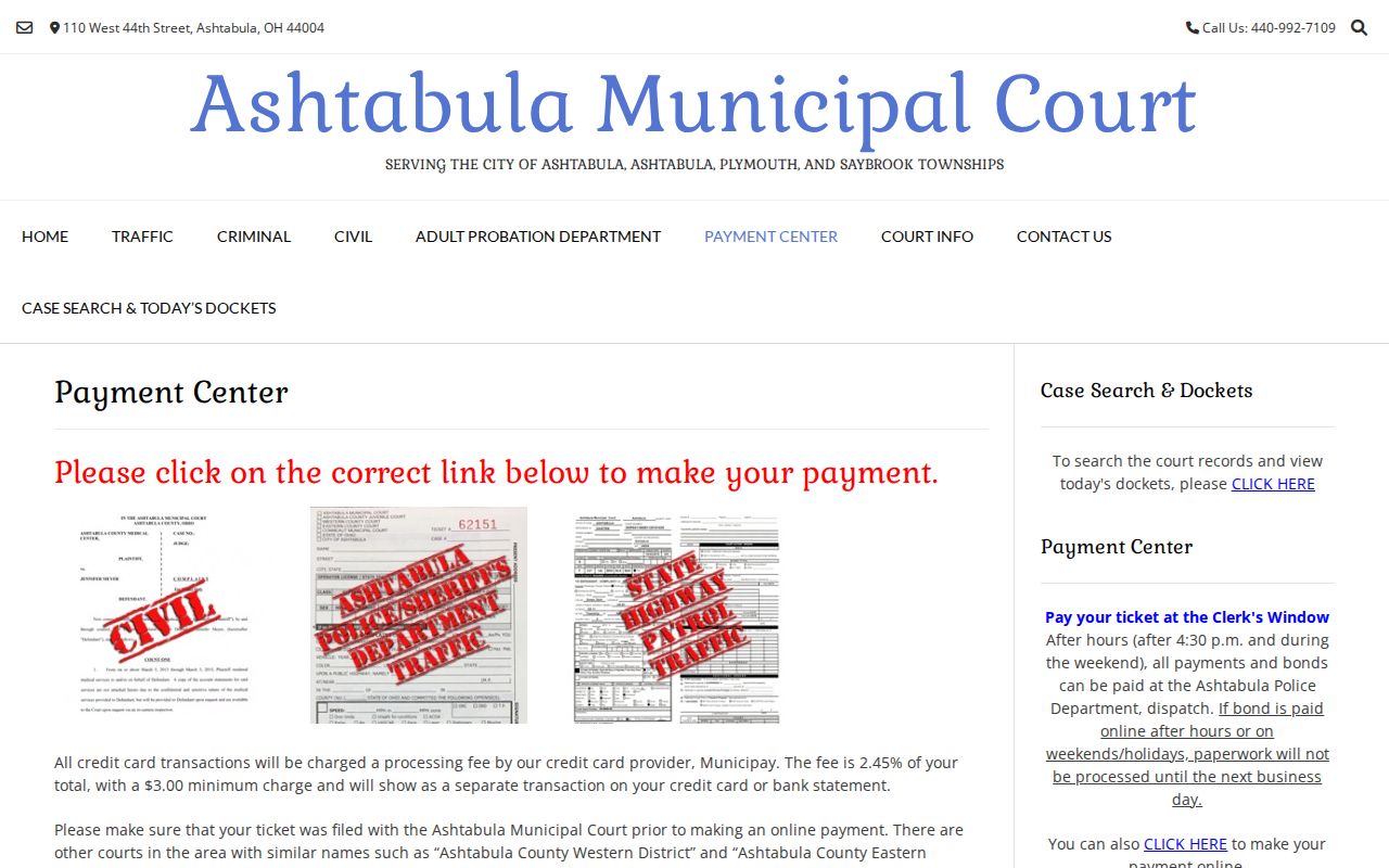 Ashtabula County traffic court records municipal payment instructions